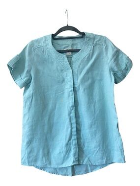 Orvis 100% Linen Blouse XS Oversized Light Blue Short Sleeve Relaxed Fit